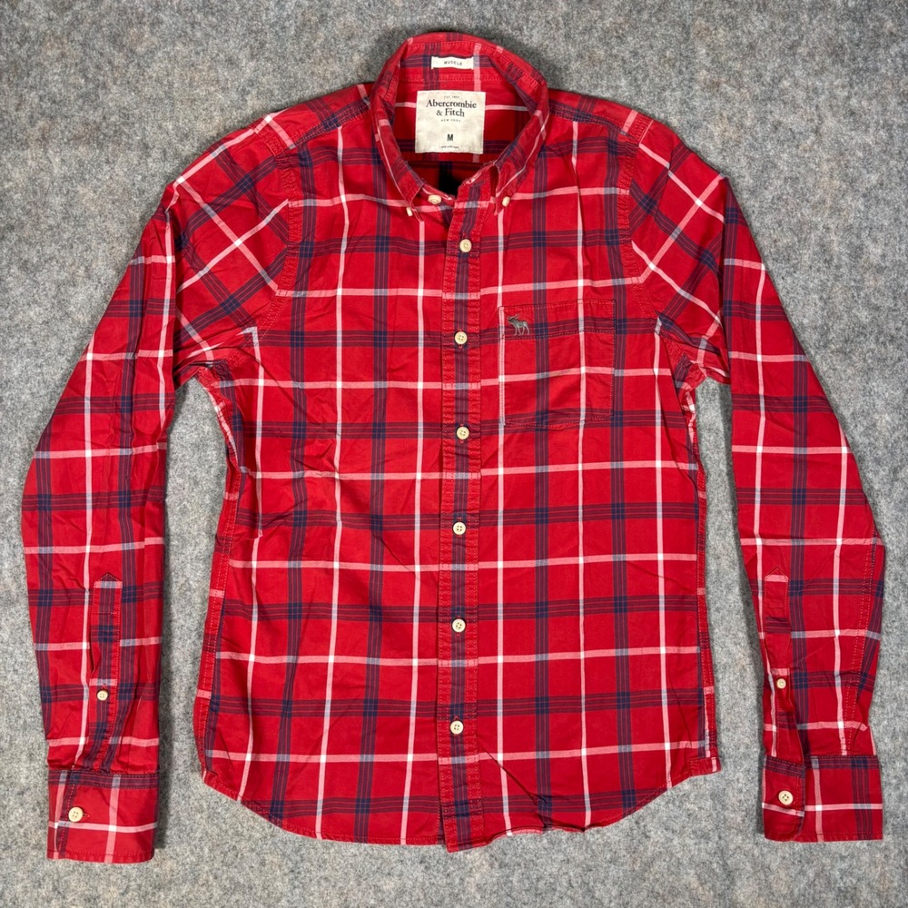 Abercrombie & Fitch Button Down Shirt Mens M Red Plaid Muscle Fit Long Sleeve